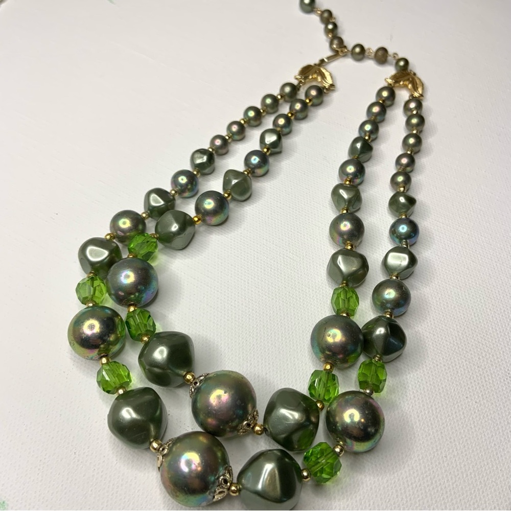 Vintage Japanese Double Strand Chunky Green and Gold Large Beaded Necklace - Picture 2 of 9